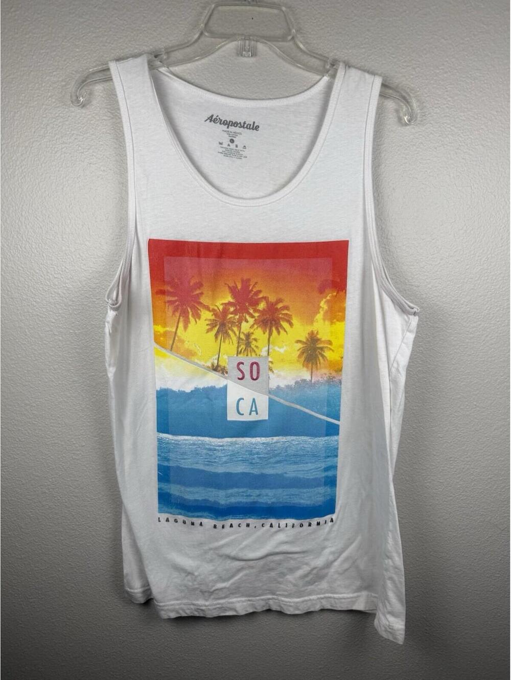 Aeropostale Laguna Beach CA Tank Top Mens Large White Graphic Beach Surf Tee